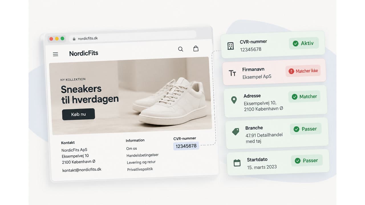 A sneaker webshop next to five checks of its CVR details: status, company name, address, industry and start date. The company name does not match.