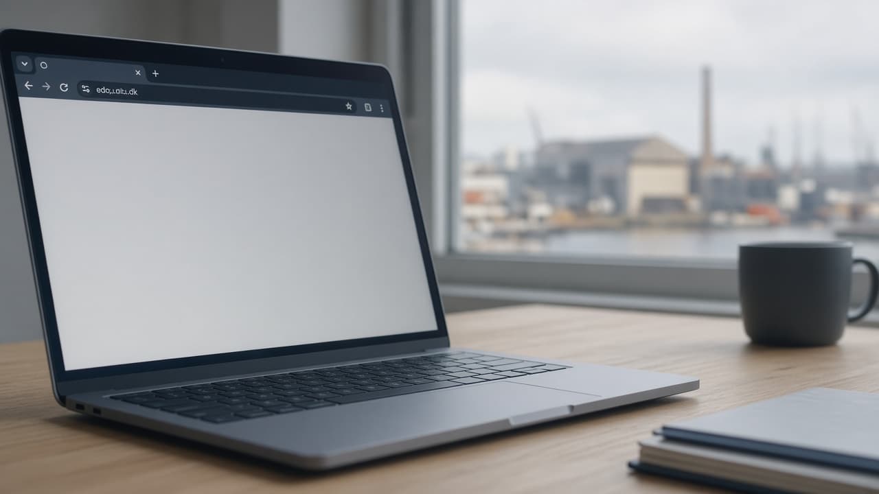 En browserlinje med et .dk-domæne ved siden af et firmaskilt i et andet land.